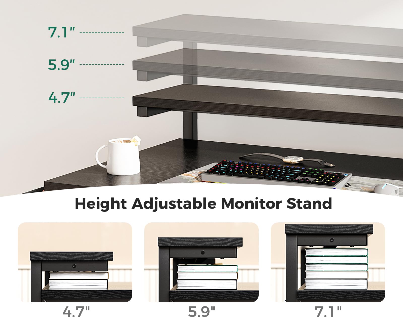 KKL 40 inch Small Computer Desk with Adjustable Monitor Stand, Home Office Desk & Workstation with Storage Shelves, Reversible Work Writing Study Table for Bedroom, Black