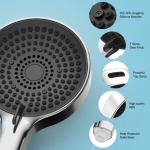 D DUSSAL Handheld Shower Head, High Pressure 7-mode Shower Head, Hand Held Shower Head, 202 Anti-clogging Silicone Nozzles, Built-in Power Wash to Clean Tub, Clean Corner,Tile & Pets - Chrome