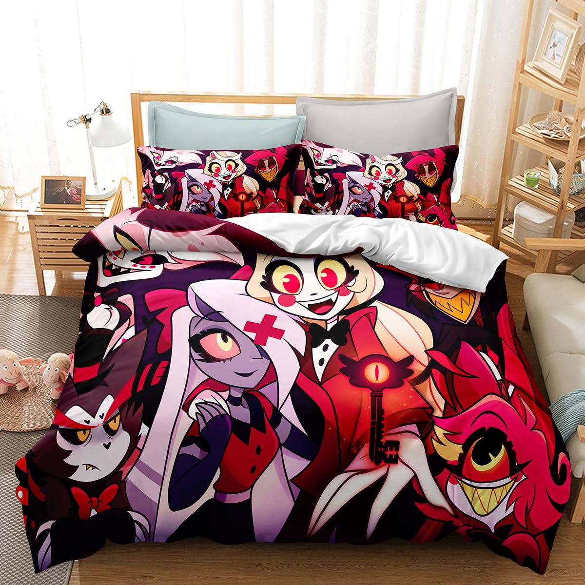 JewosS Hazbin Hotel 3 Piece Bedding Set Printed Duvet Cover Set Printed Bed Comforter Cover Quilt Covers with Pillowcases for Your Own Bedroom No Quilt(Queen), Style2