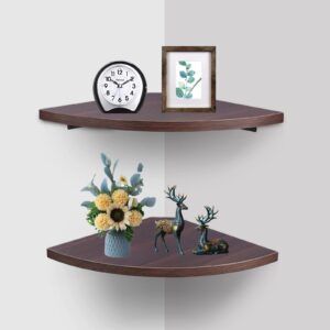 pxoerzy corner shelf wall mount,solid wood corner floating shelves,2 pack round corner wall shelf organizer, wood wall storage display shelves for living room bedroom bathroom kitchen, brown