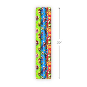 Hallmark Nintendo Super Mario Birthday Wrapping Paper Rolls for Kids Birthdays, Christmas, Any Occasion (Set of 3 Rolls: 60 Sq. Ft. Total) Mario, Luigi, Yoshi, Bowser, Princess Peach, Toad