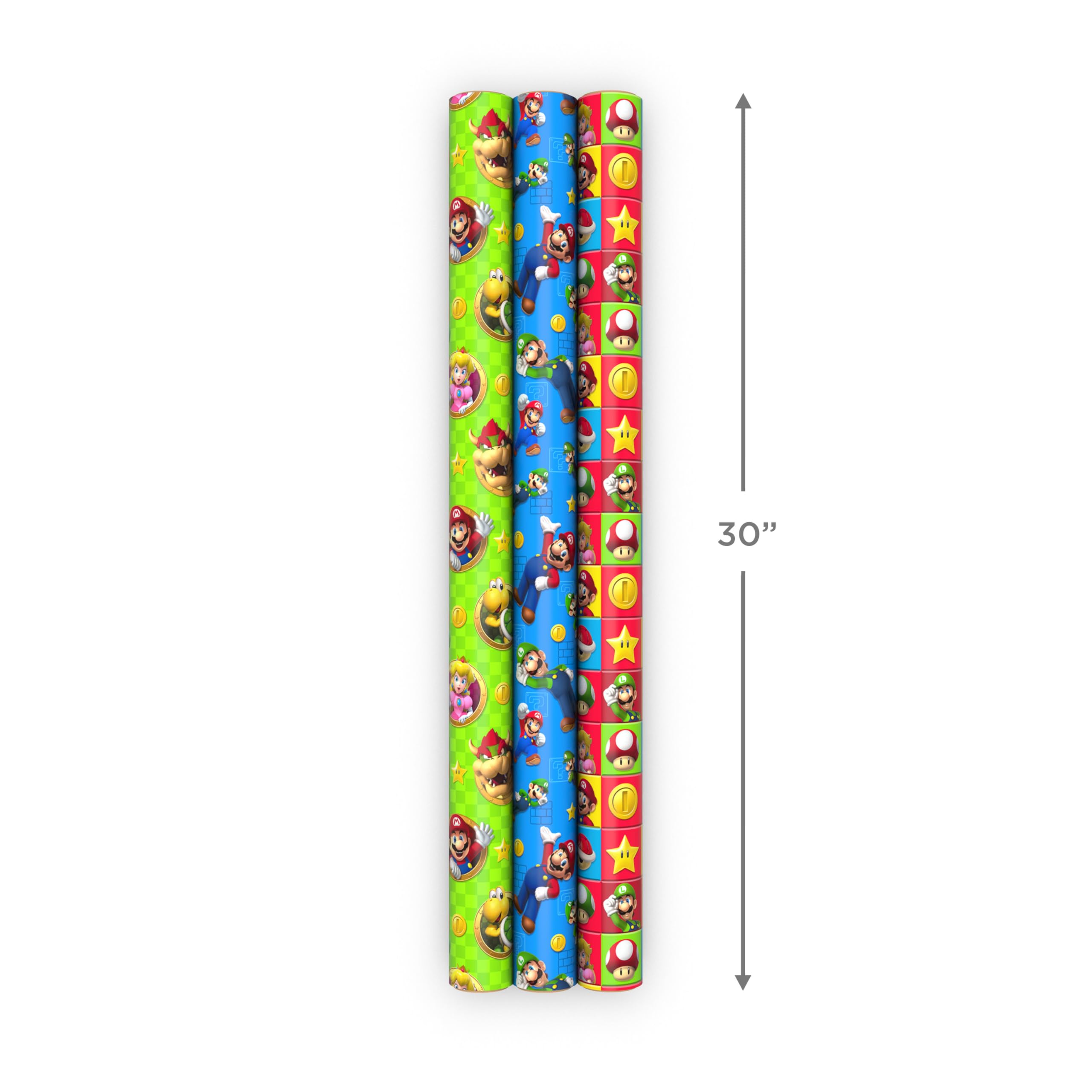 Hallmark Nintendo Super Mario Birthday Wrapping Paper Rolls for Kids Birthdays, Christmas, Any Occasion (Set of 3 Rolls: 60 Sq. Ft. Total) Mario, Luigi, Yoshi, Bowser, Princess Peach, Toad