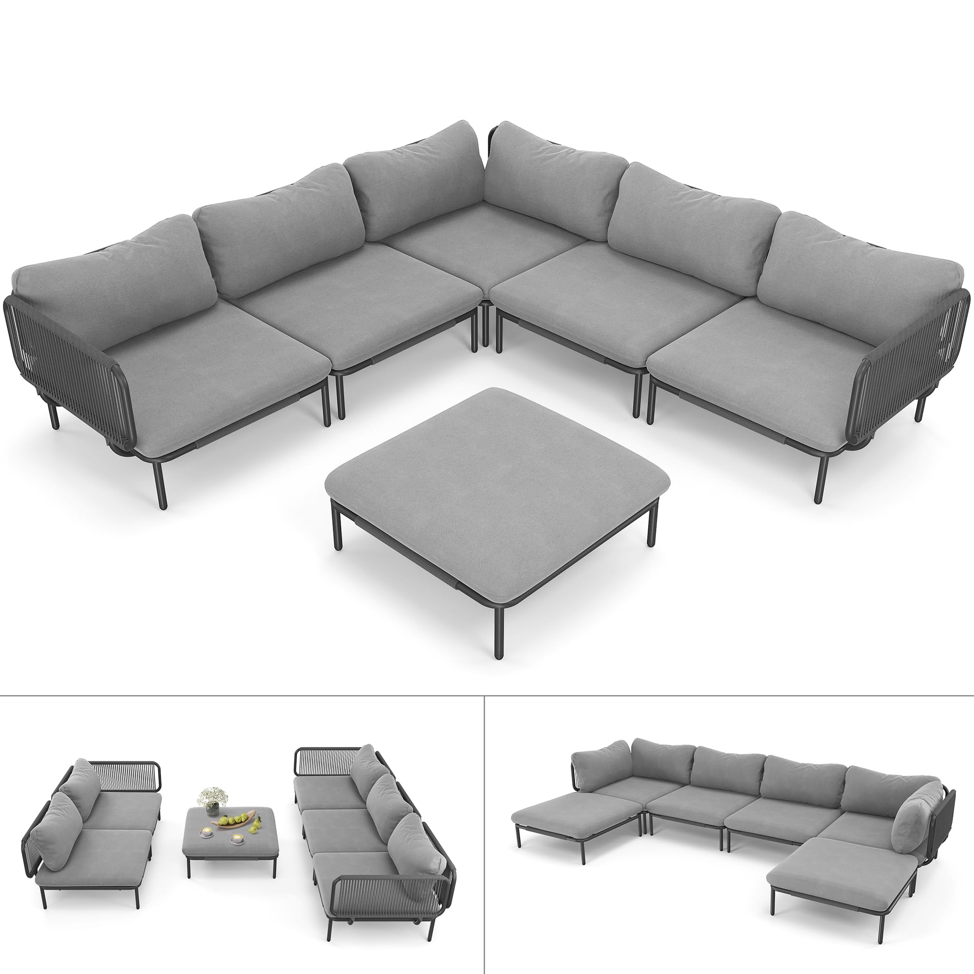 VredHom Patio Furniture Set, Outdoor Patio Furniture Oversized Metal Patio Sectional Sofa, 6-Seat Conversation Set with Cushion for Indoor and Outdoor, Black Frame & Dark Grey Mat (6 Seats 8 Armrests)