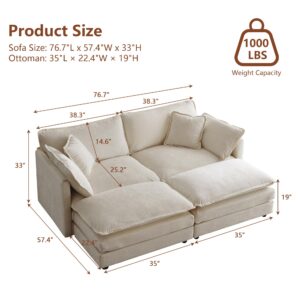 Suheww Modern Loveseat 2-Seater Sofa Couch Deep Seat Sectional Cloud Sofa, Modern Deep Seat Comfy Couch with Ottomans, 76.7" Modular Sectional Sofa Chenille Loveseat for Living Room Small Space