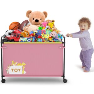 aijiameier 180l kids extra large toy box with wheels & handle, 31.5” x 15.7” x 23.2” big toy chest for boys girls, toy storage organizer for stuffed animals, playroom, living room area(pink, 1pc)