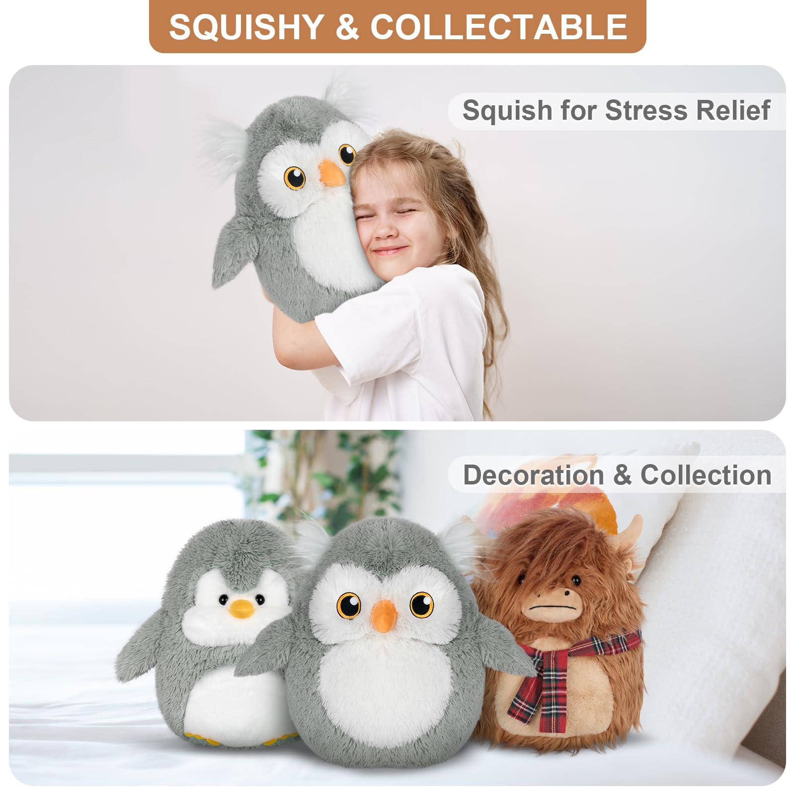 SuzziPals 13 inch Owl Plush Pillows, Cute Stuffed Animals Plush Toys, Plushies Owl Pillow for Hug, Owl Soft Toys Kawaii Decor for Kids, Owl Gifts Birthday Stuffed Animal for Kid