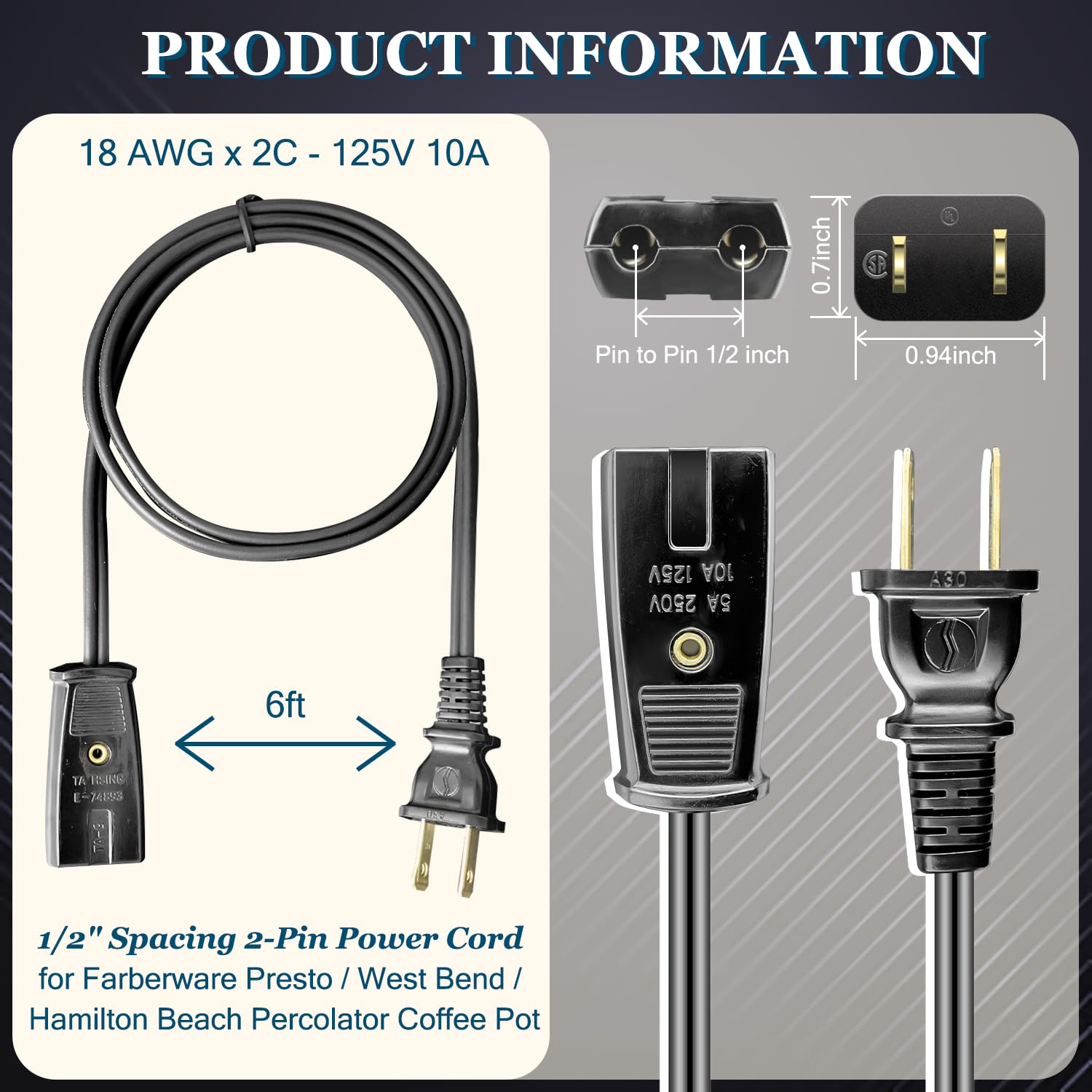 HASMX 6ft Power Cord for West Bend Coffee Urn Power Cord 58036 58002 Coffee Maker Electric Cord 2 Pin 1/2 Inch Spacing Also Fits Many Rice Cookers and Other Small Appliances