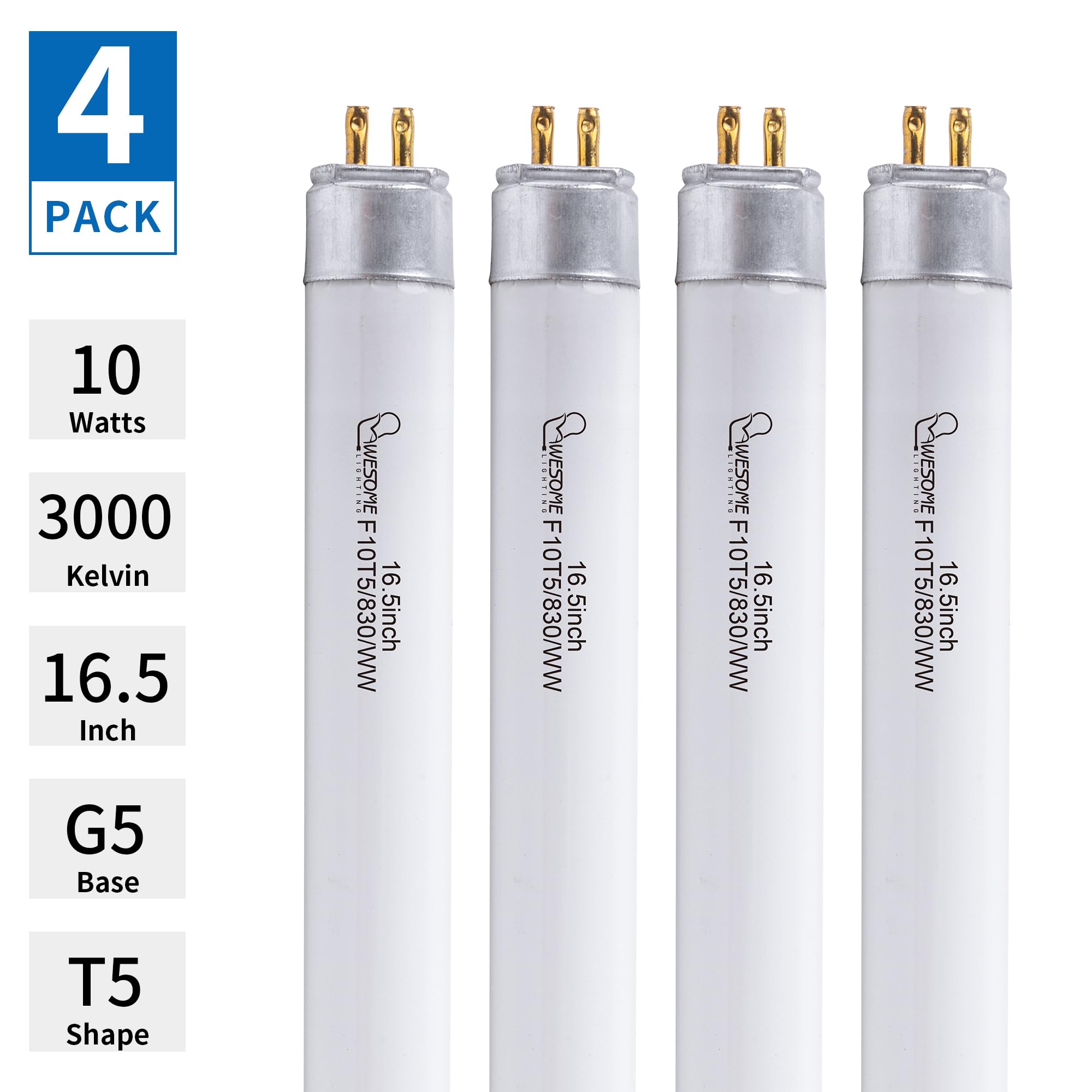 16" F10T5/WW Fluorescent Light Bulb, Warm White 3000K, T5 10 Watts Replacement Tube for Jasco, Philips, Counter and Cabinet Fixture, G5 Mini Bi-Pin Base - 4 Pack