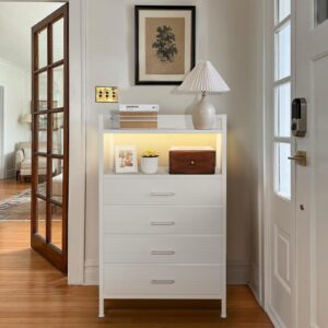 KAI-ROAD White Dresser for Girls Bedroom, 4 Drawer Dresser with LED Light and Charging Station, Tall Nightstand Large Kids Dresser with Open Shelf