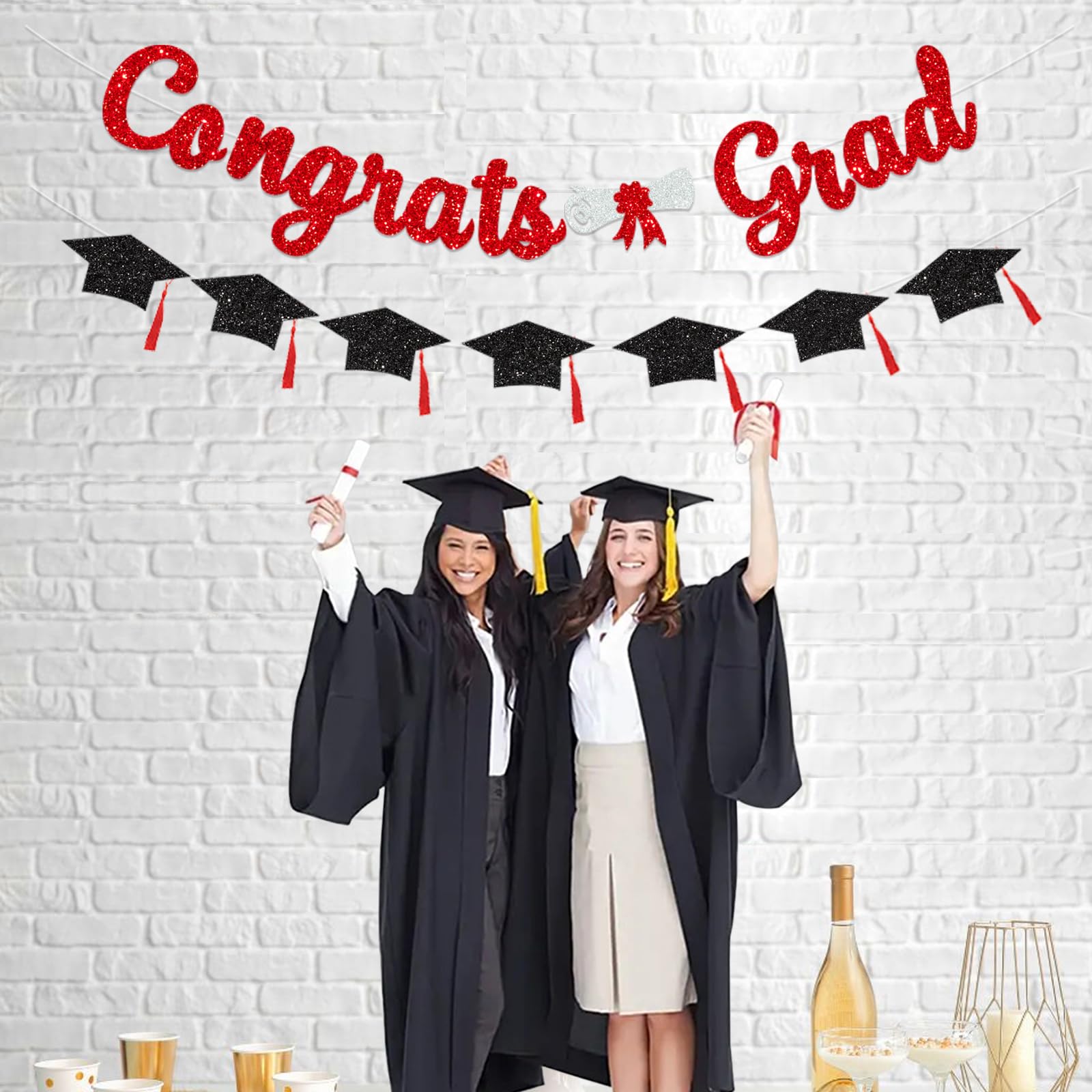 Glitter Red Congrats Grad Decorations Banner Graduation Decorations Class of 2024 banner Red and Black Glitter Congrats Grad Graduation with Tassel Party Decor College High School Graduation Party Favors