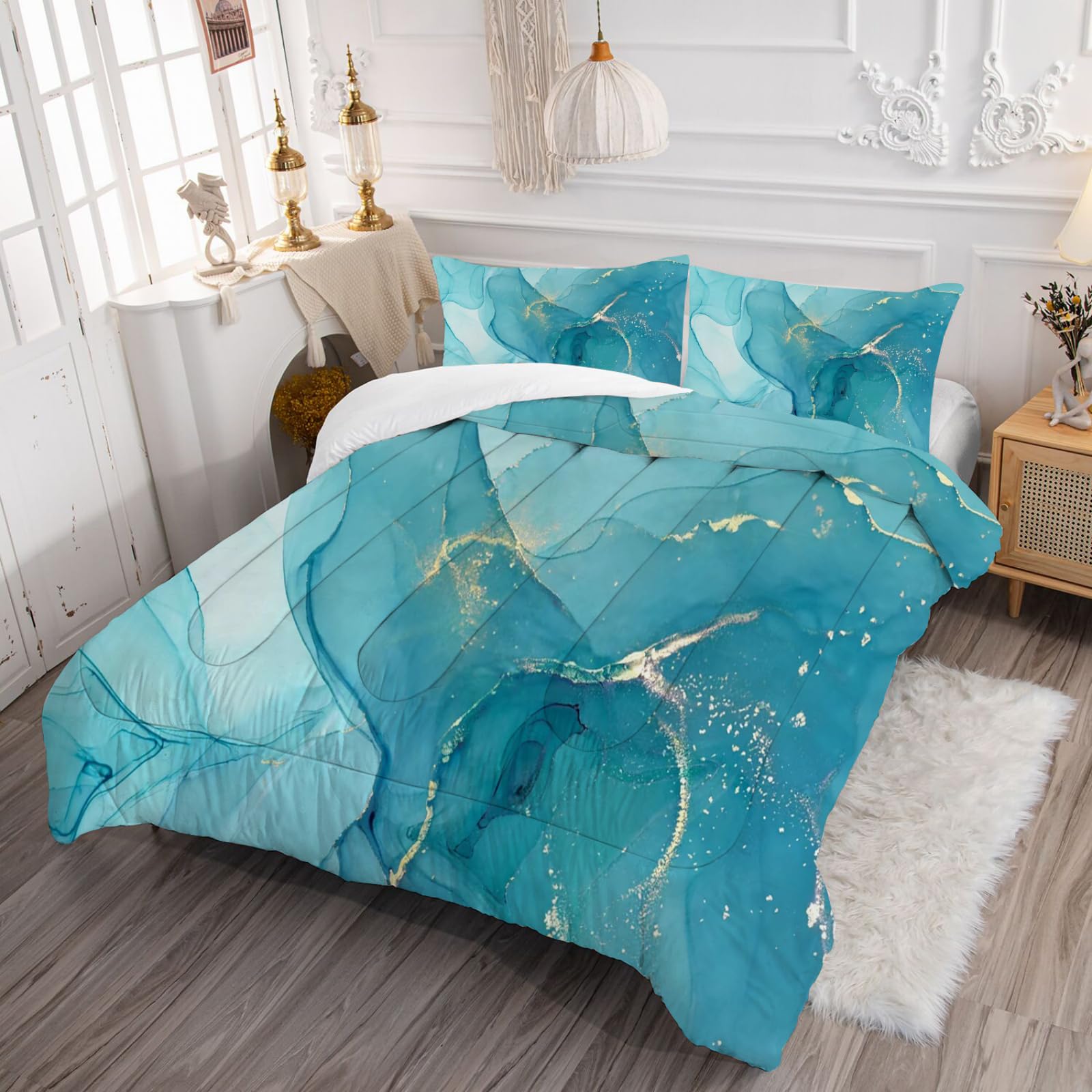 VTKON Blue Marble Bedding Set Tie Dye Comforter Set Queen, Dorm Bedding Teen Girl Bedding, Blue and Gold Marble Kids Bedding Set, Aesthetics Bedding Set Includes 1 Comforter + 2 Pillowcases