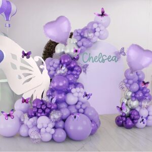 157pcs purple balloon garland butterfly confetti balloon kit lilac, lavender, metallic, light purple silver balloons arch kit with butterflies for girl birthday, baby shower, bridal shower decorations