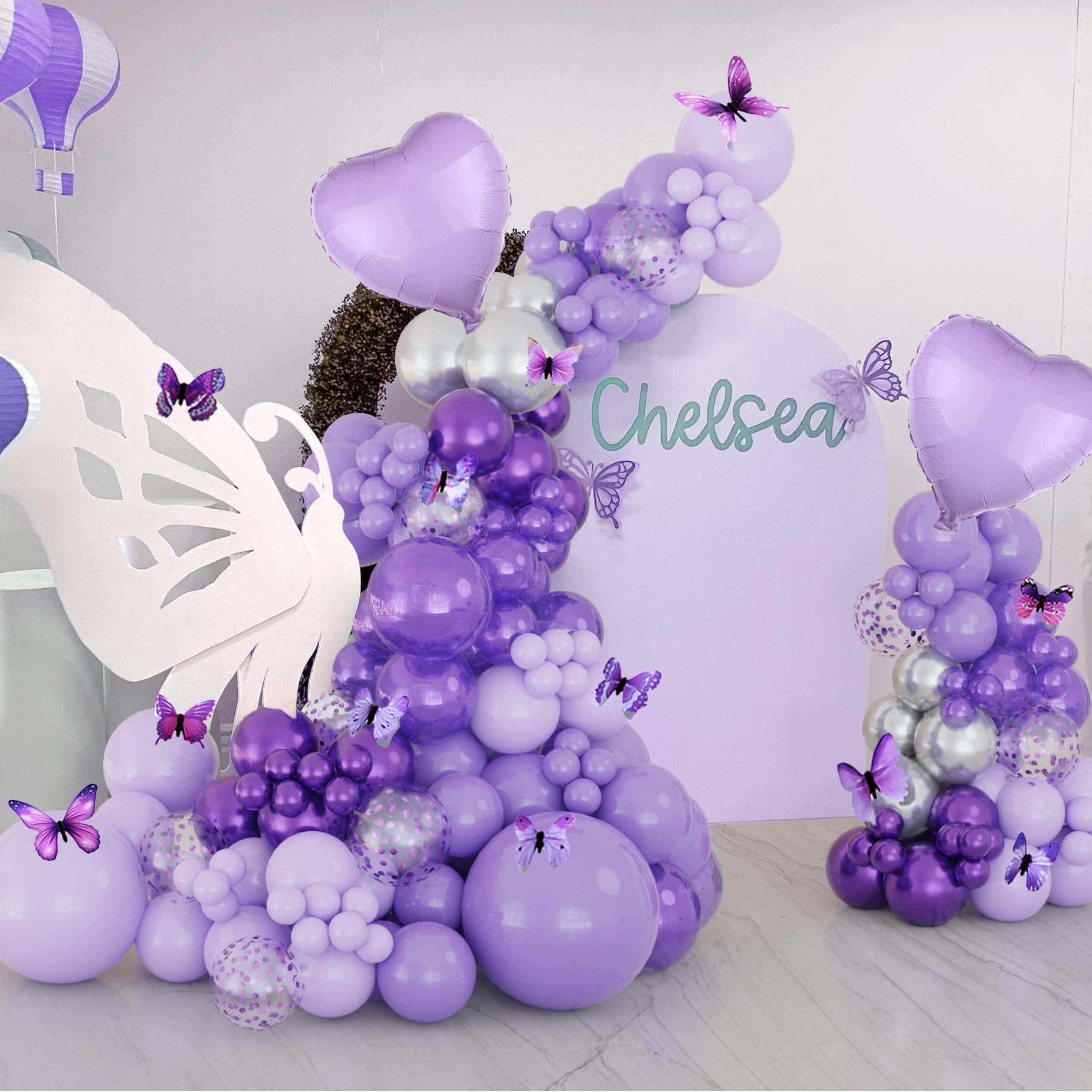 157pcs Purple Balloon Garland Butterfly Confetti Balloon Kit Lilac, Lavender, Metallic, Light Purple Silver Balloons Arch Kit With Butterflies For Girl Birthday, Baby Shower, Bridal Shower Decorations