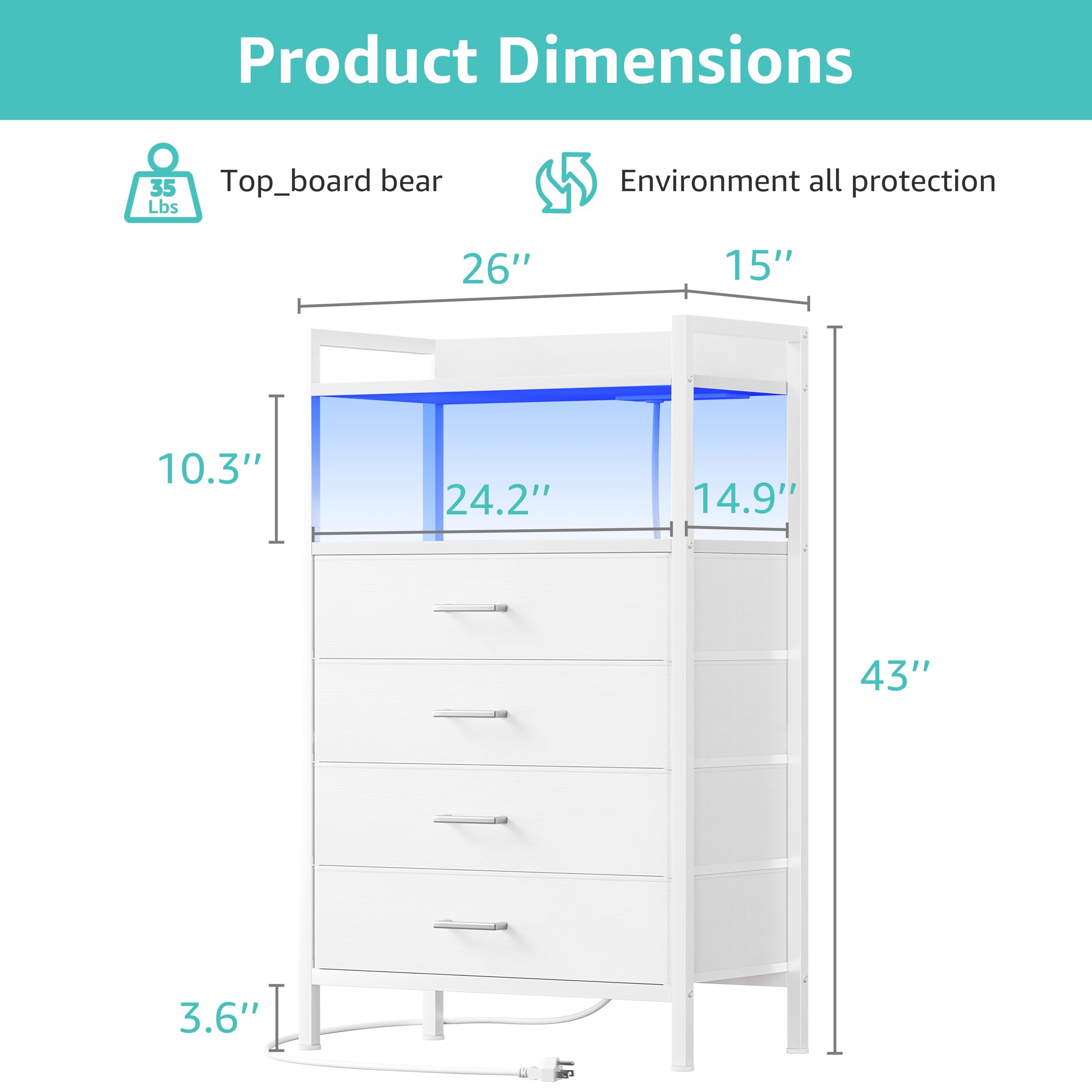 KAI-ROAD White Dresser for Girls Bedroom, 4 Drawer Dresser with LED Light and Charging Station, Tall Nightstand Large Kids Dresser with Open Shelf