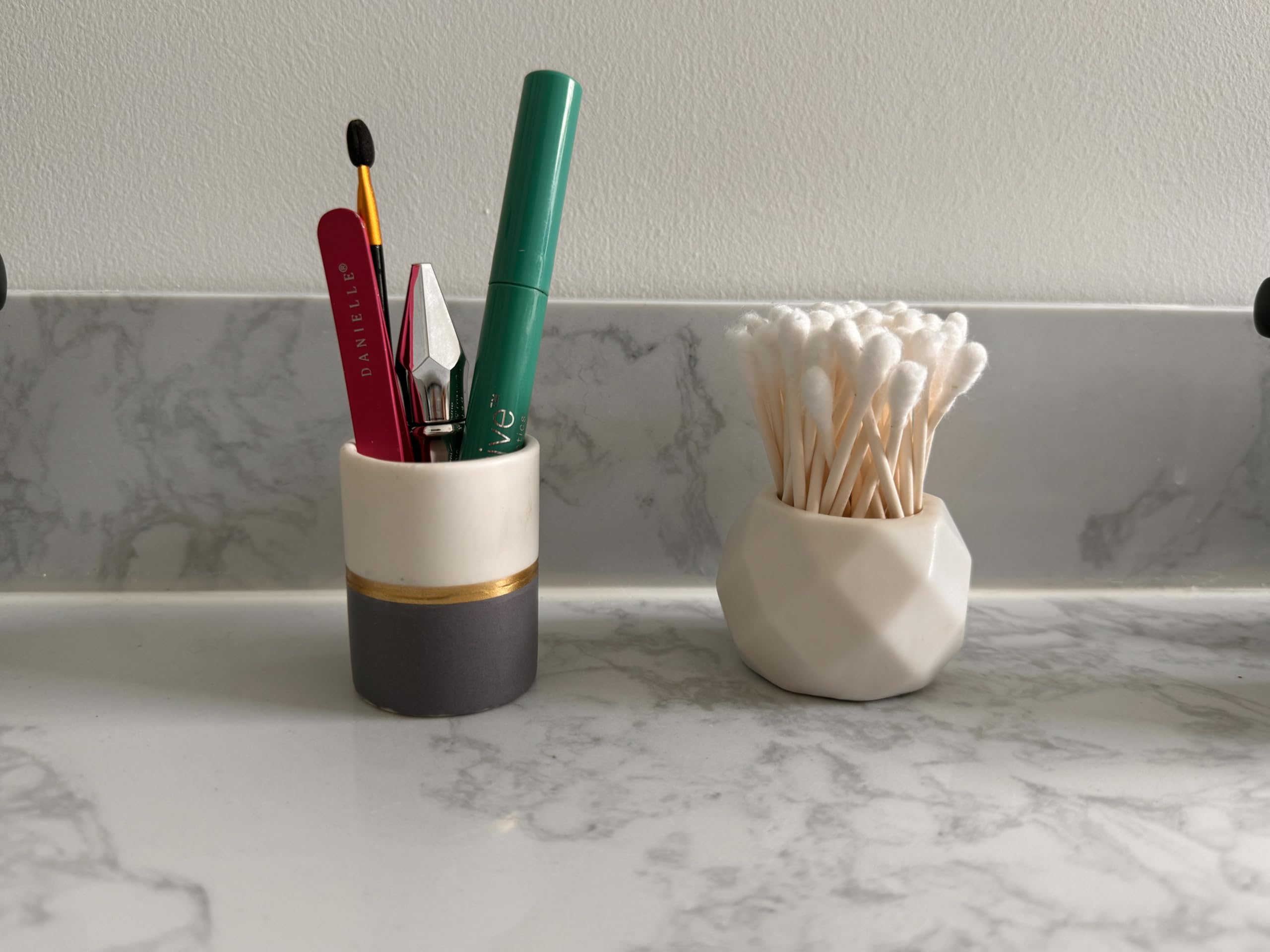 Home Haven Qtip Holder - White/Navy with Gold Stripe - Q Tip Holder for Bathroom, Bathroom Vanity Decor, Floss Pick Holder, Cotton Swab Holder, Bathroom Sink Decor, Flosser Holder, Cute Bathroom Decor