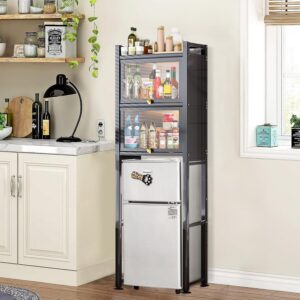 mini fridge stand with fixed shelves, over the fridge storage organizer for dorm, kitchen, office , sturdy metal frame, black, multi tier shelf for snacks, drinks, condiments, and pantry essentials