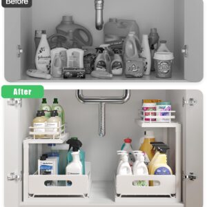 Biboraya 2 Pack Under Sink Organizers And Storage Height Adjustable,2-Tier Under Cabinet Pull Out Shelf,Multi-Use Slide Out Drawer For Kitchen Bathroom Laundry Room-White(Patent Pending)