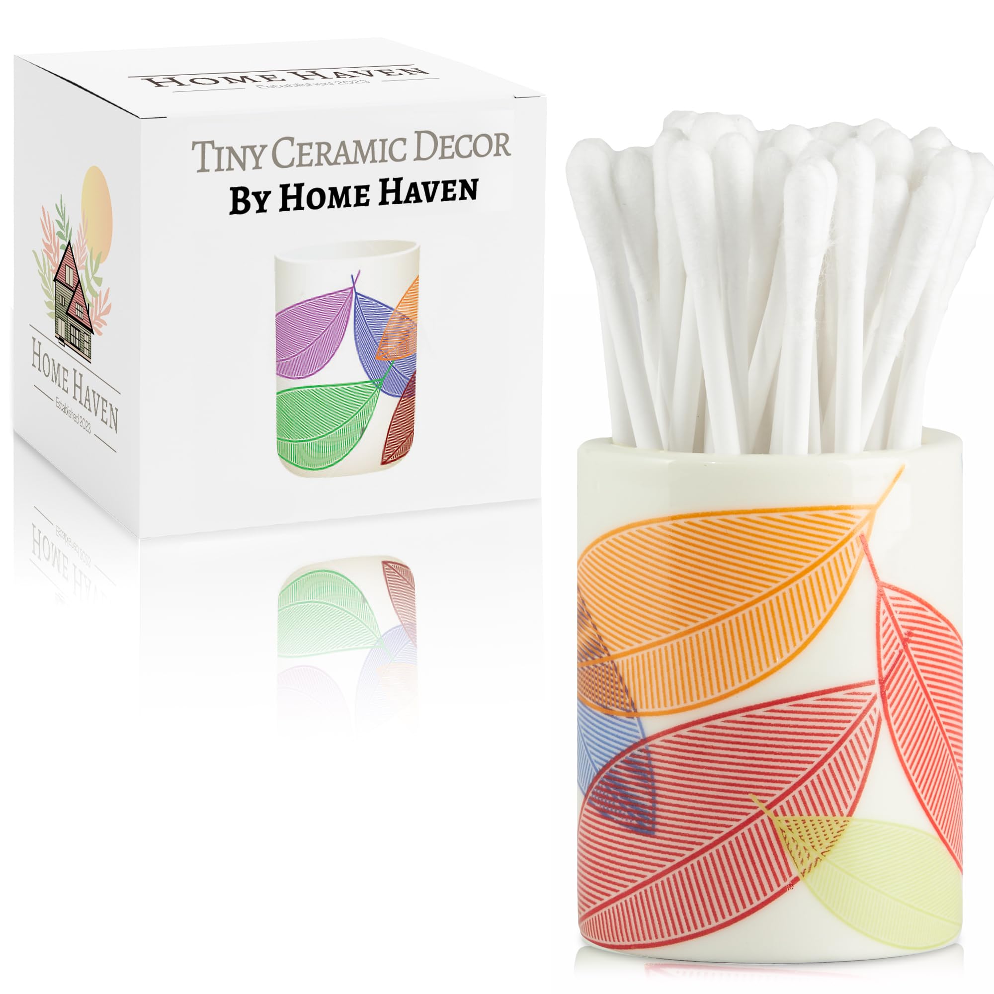 Home Haven Qtip Holder - Retro Leaves Design - Q Tip Holder for Bathroom, Bathroom Vanity Decor, Floss Pick Holder, Cotton Swab Holder, Bathroom Sink Decor, Flosser Holder, Cute Bathroom Decor