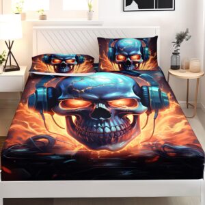 AILONEN 3D Skull Fitted Sheet Set Full Size, Music Headset Skull Bed Sheet Set,3 Pieces Hip Hop Skull Sheet Set for Boys Men,Fire Skeleton Fitted Sheet with 2 Pillowcases