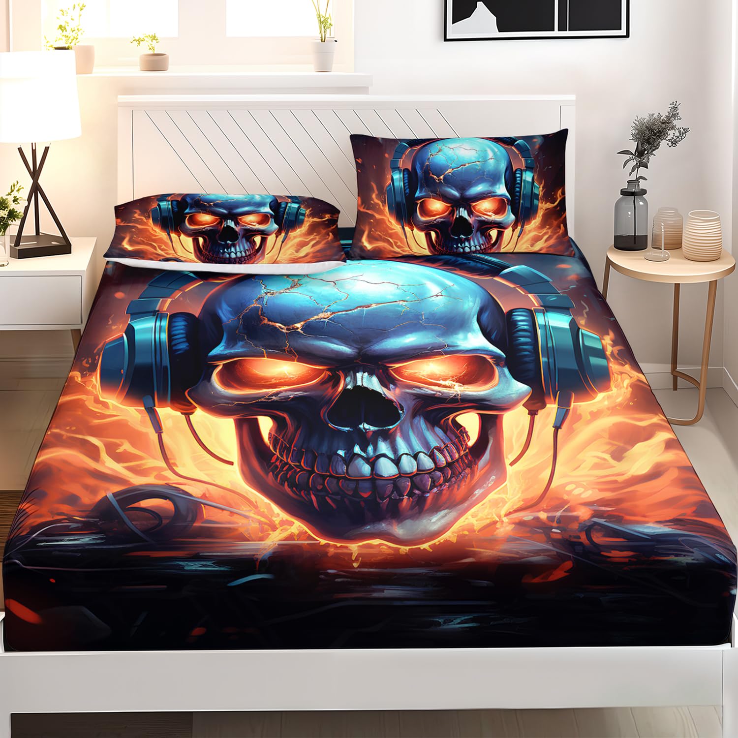 AILONEN 3D Skull Fitted Sheet Set Full Size, Music Headset Skull Bed Sheet Set,3 Pieces Hip Hop Skull Sheet Set for Boys Men,Fire Skeleton Fitted Sheet with 2 Pillowcases