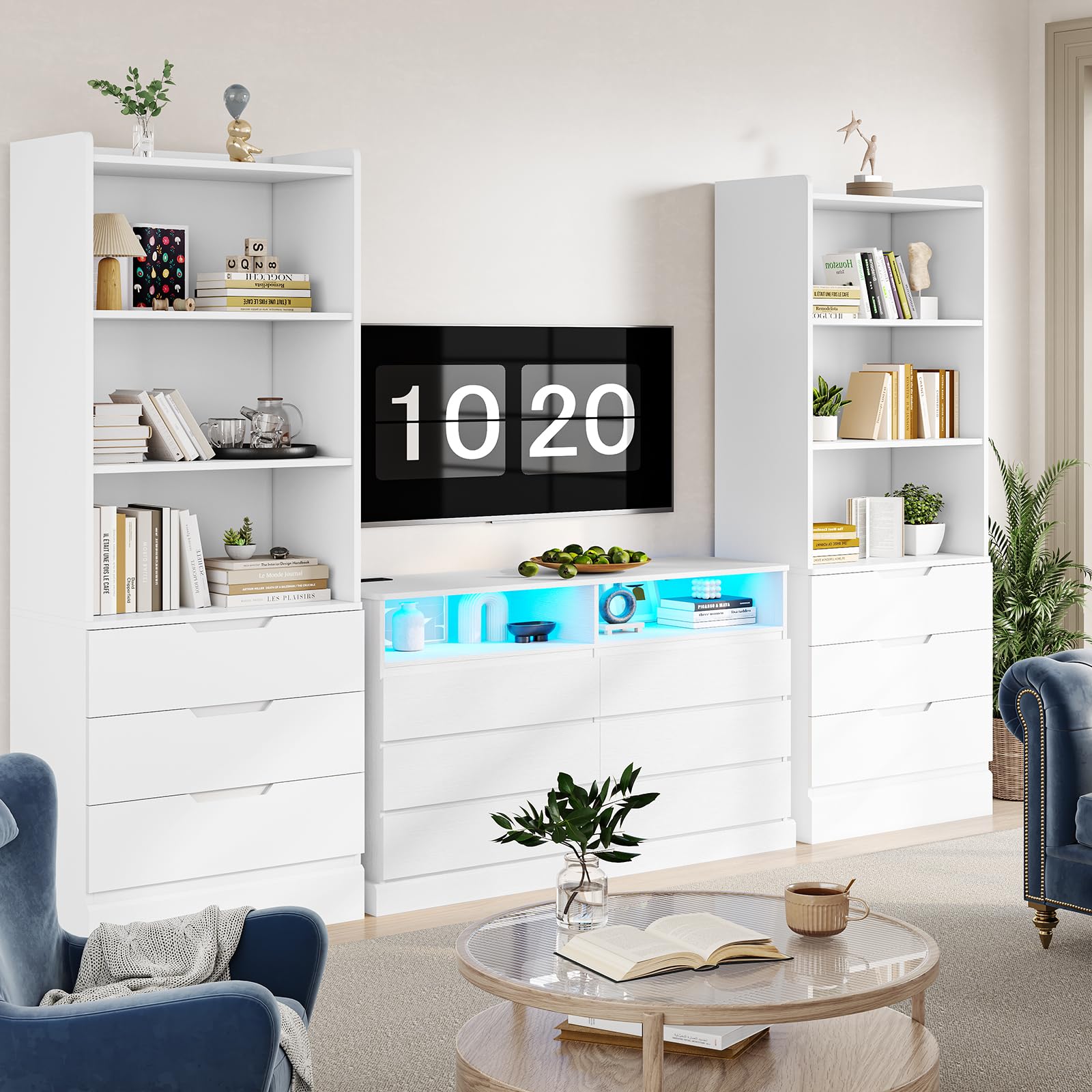 DICTAC 73.23'' Tall Storage Cabinet Bookcase with 3 Drawers and 3-Tier Open Shelves Wooden Bookshelf Kitchen Pantry Storage Cabinets Storage Organizer for Living Room, Study, Kitchen,Bathroom,White