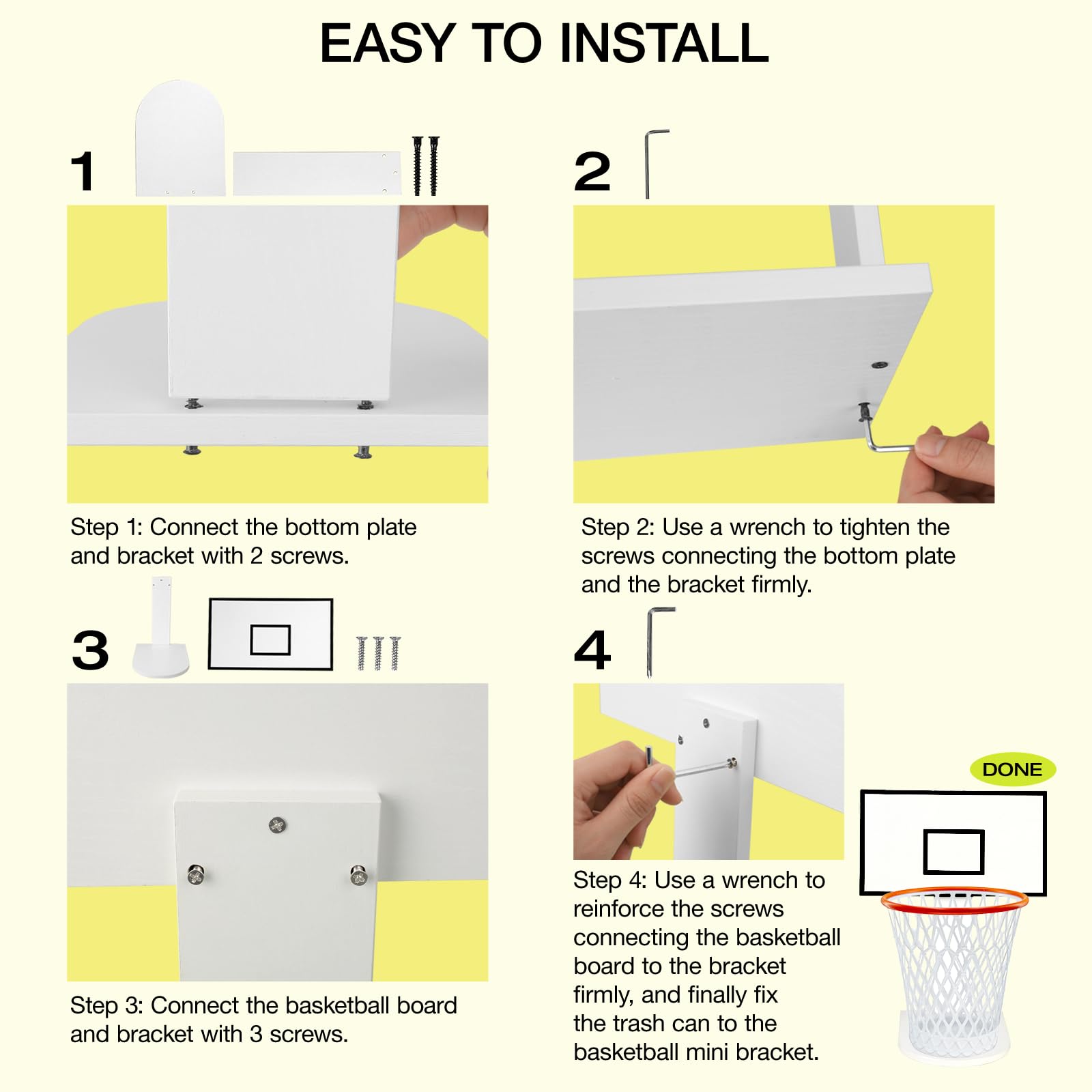 Basketball Trash Can,Trash Can Holder Wastebasket Backboard (Including 1pc Basketball Trash Can),White Wooden Basketball Garbage Can,Trash Can Basketball Hoop for Bedroom Office Kitchen Living Room