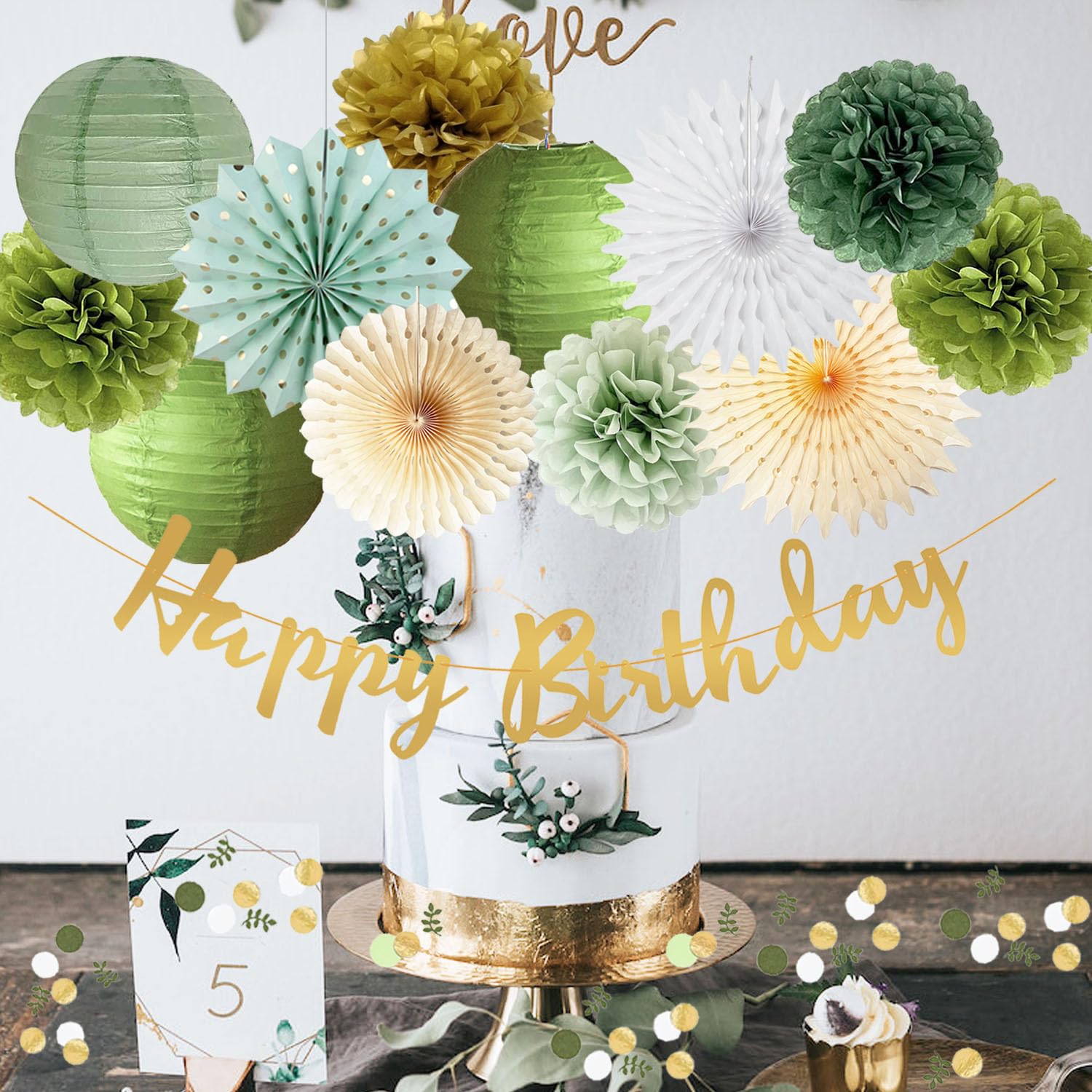 Olive Sage Green Birthday Party Decorations Green Gold Paper Pom Poms Streamers Paper Fans Lanterns Sage Green Gold Scatter Table Decorations for Birthday Wedding Bachelorette Bridal Baby Shower