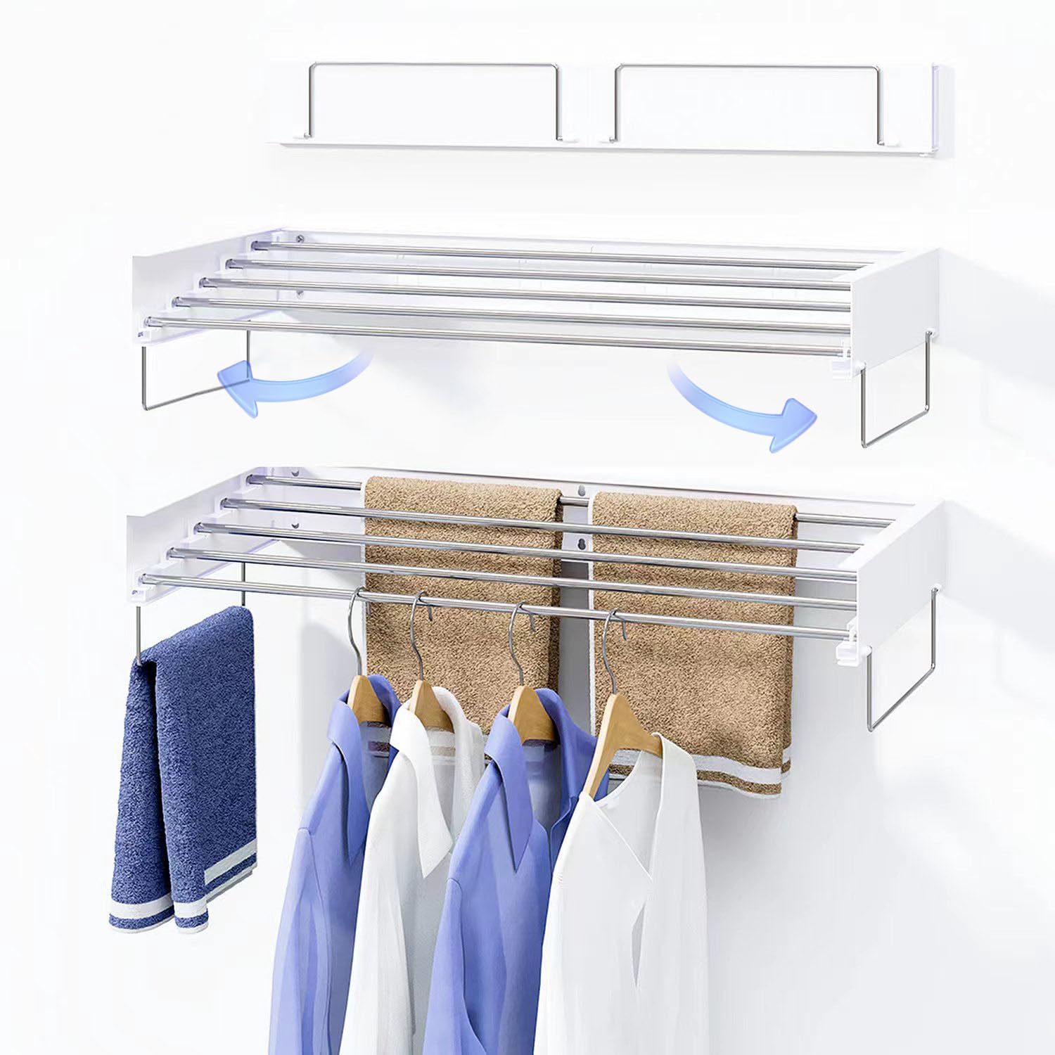 Wall Mounted Drying Rack, Laundry Drying Rack Collapsible, Clothes Drying Rack, Towel Drying Rack for Indoor & Outdoor with Wall Template & 5 Rods, 60 lb Capacity, 31.5” Wide, 13.5 Linear Ft, White