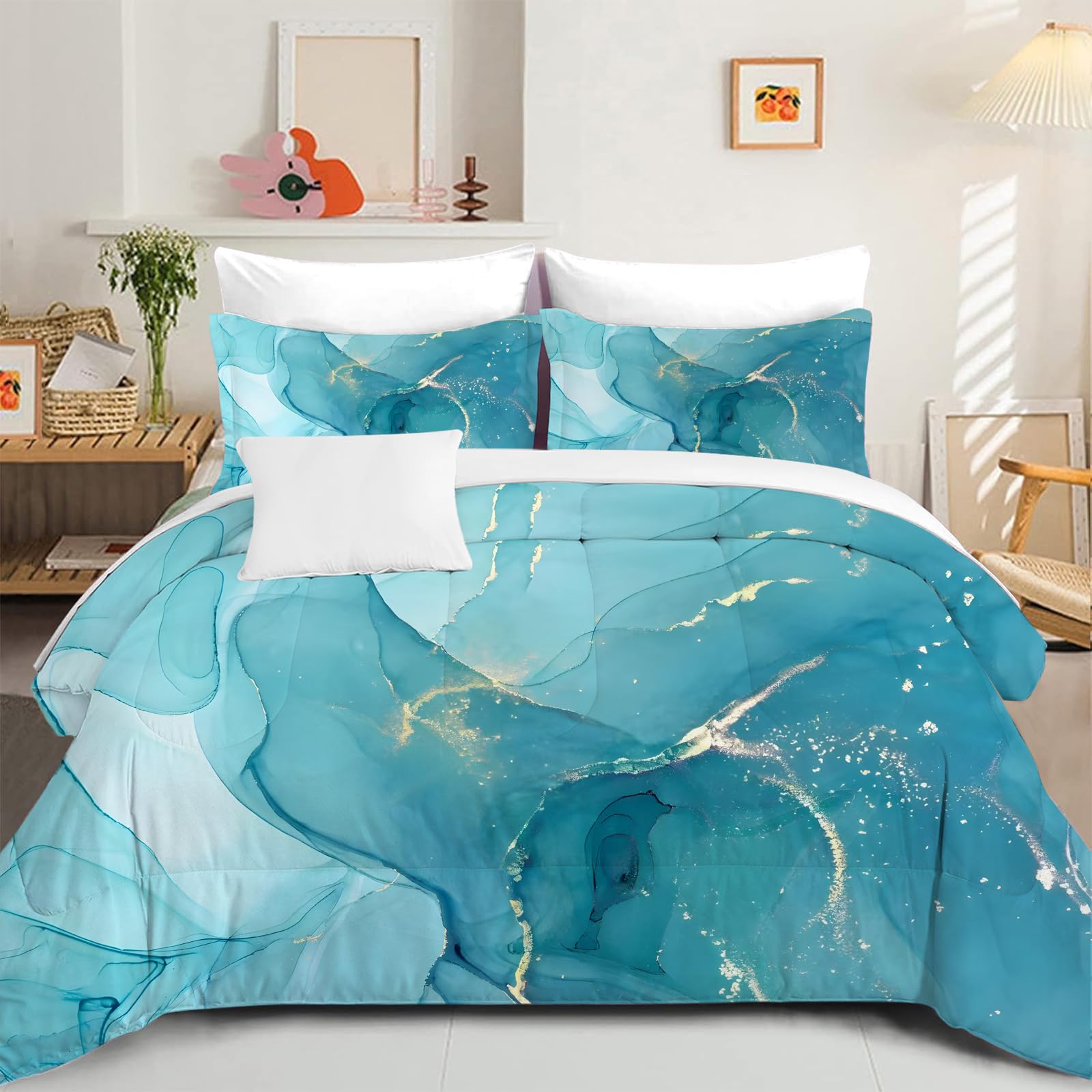 VTKON Blue Marble Bedding Set Tie Dye Comforter Set Queen, Dorm Bedding Teen Girl Bedding, Blue and Gold Marble Kids Bedding Set, Aesthetics Bedding Set Includes 1 Comforter + 2 Pillowcases