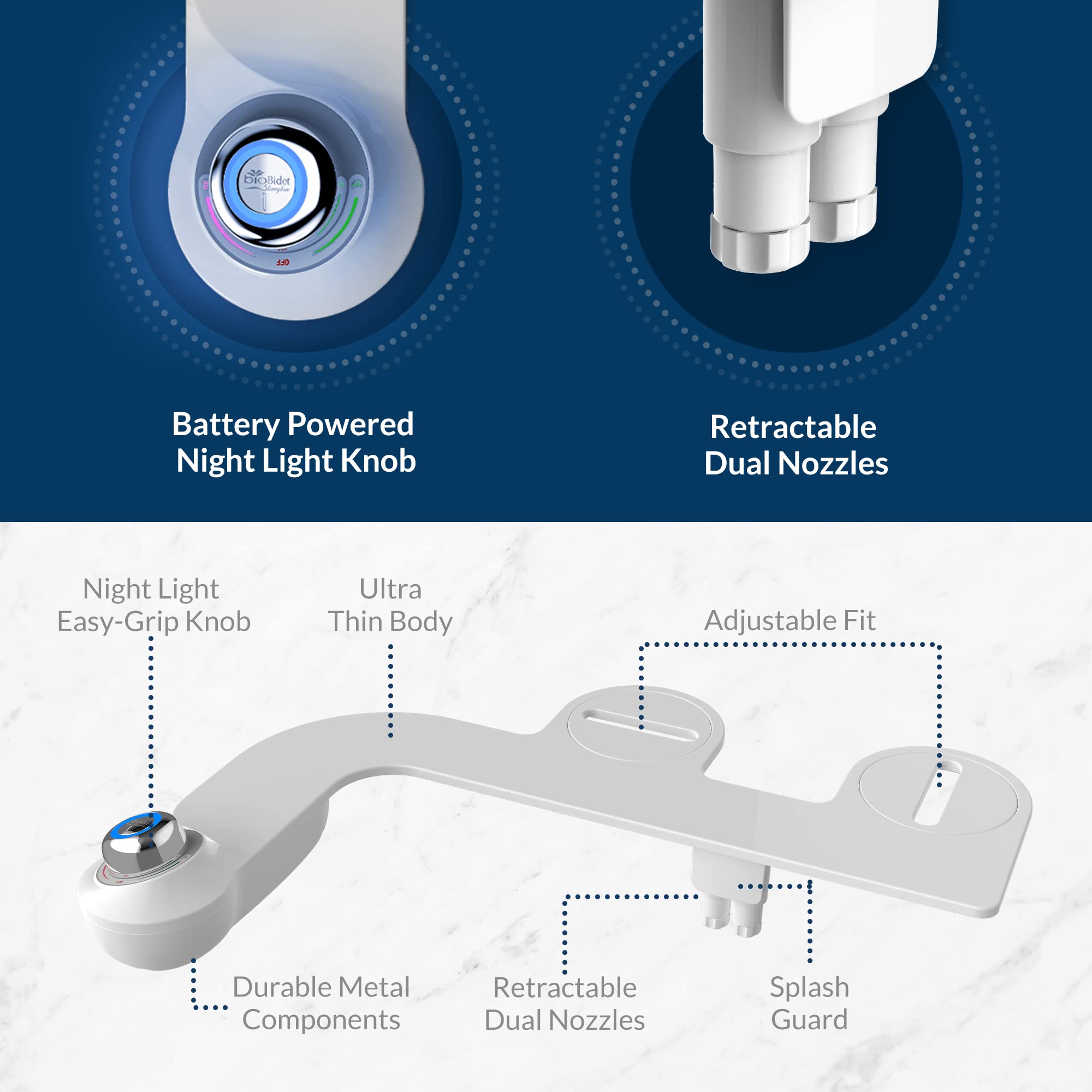 Mayfair Caswell Toilet Seat and Bidet Bundle, Slow Close Plastic Toilet Seat with Non-Electric, Easy to Install SlimGlow Bidet Attachment, Round, White