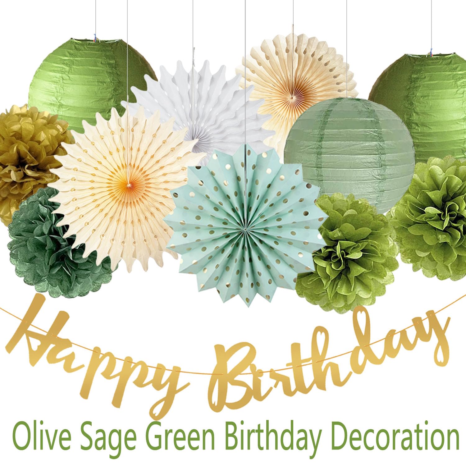 Olive Sage Green Birthday Party Decorations Green Gold Paper Pom Poms Streamers Paper Fans Lanterns Sage Green Gold Scatter Table Decorations for Birthday Wedding Bachelorette Bridal Baby Shower