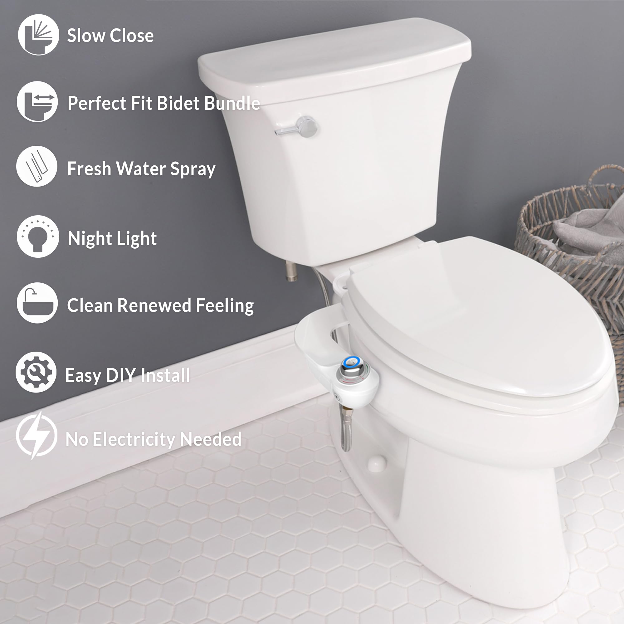 Mayfair Caswell Toilet Seat and Bidet Bundle, Slow Close Plastic Toilet Seat with Non-Electric, Easy to Install SlimGlow Bidet Attachment, Elongated, White