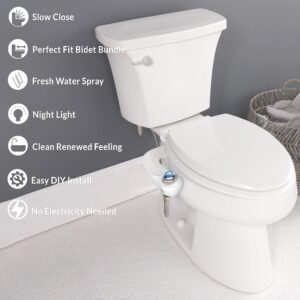 Mayfair Caswell Toilet Seat and Bidet Bundle, Slow Close Plastic Toilet Seat with Non-Electric, Easy to Install SlimGlow Bidet Attachment, Round, White