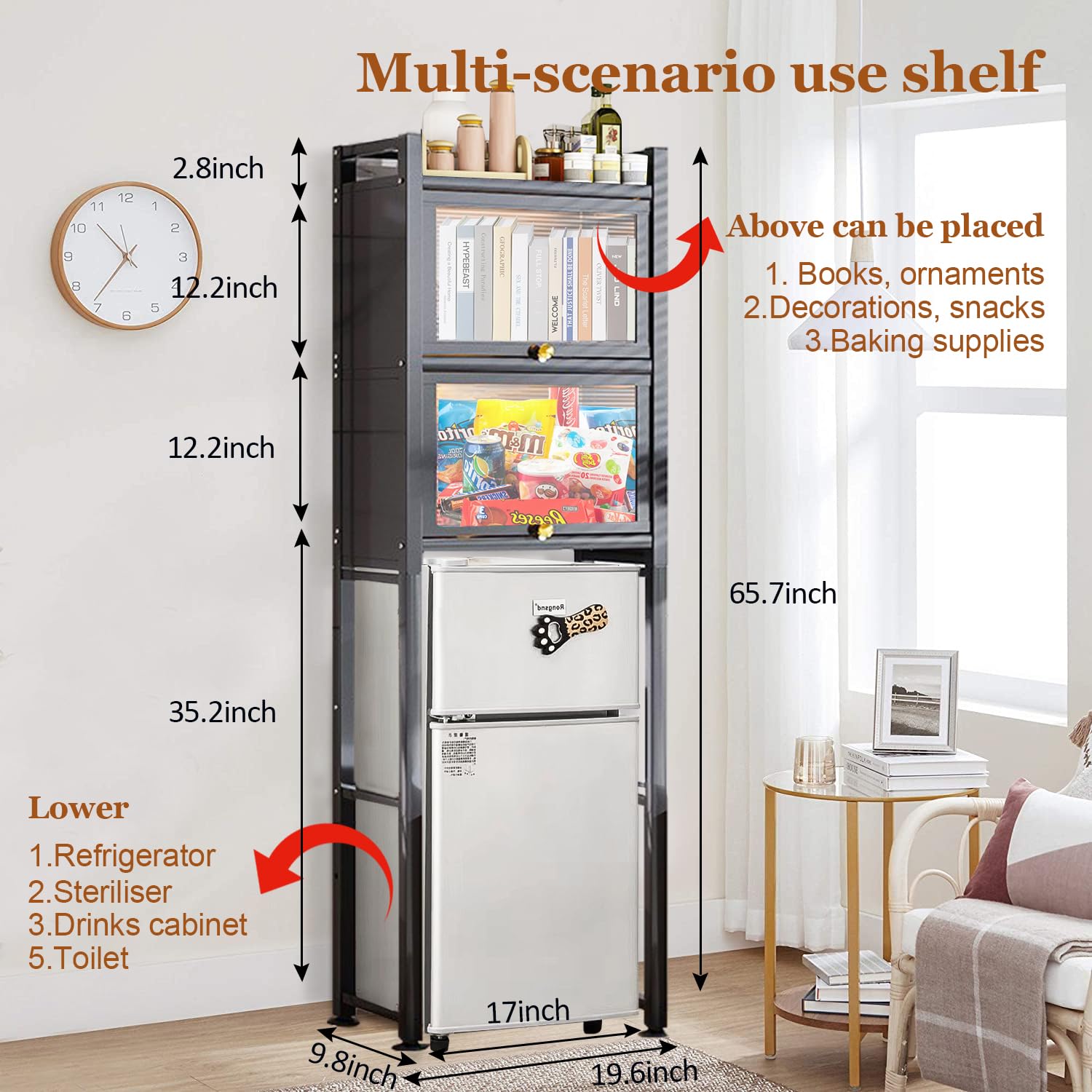 Mini Fridge Stand with Fixed Shelves, Over The Fridge Storage Organizer for Dorm, Kitchen, Office , Sturdy Metal Frame, Black, Multi Tier Shelf for Snacks, Drinks, Condiments, and Pantry Essentials