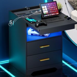 mdgc nightstand with lockable gun drawer,3 color dimmable led end table with charging station,bedside table with auto sensor light,smart night stand with usb-c ports and 3 drawers,bedroom