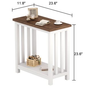 ChooChoo Farmhouse End Tables Set of 2, Narrow Side Tables for Small Spaces, Night Stands with Storage Shelf for Living Room and Bedroom, White and Brown