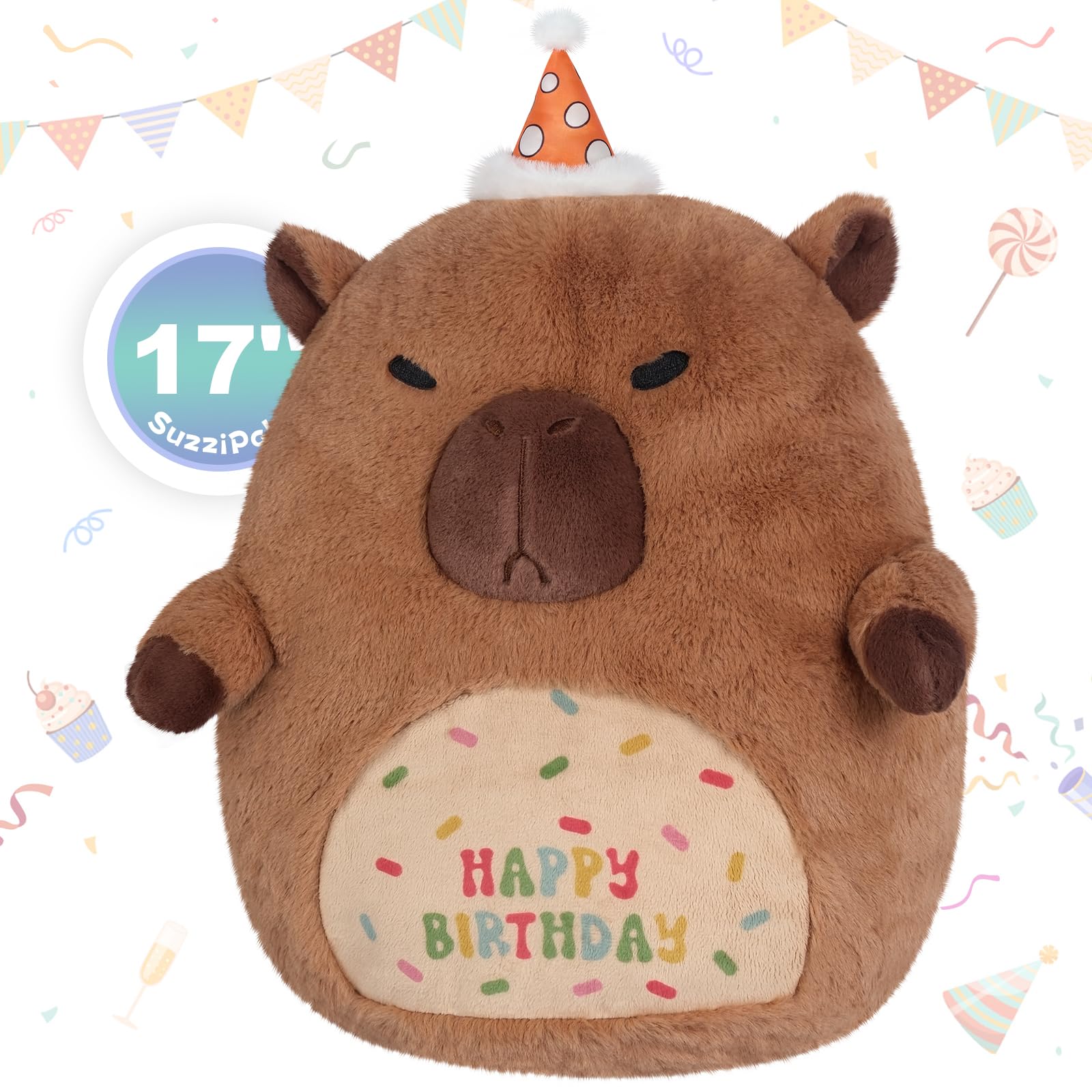 SuzziPals 17" Happy Birthday Capybara Plush Pillows, Squish Capybara Stuffed Animals, Stuffed Capybara Birthday Gifts for Girls & Boys, Capybara Plushies Couch Pillows for Decor, Cute Capybara Gifts