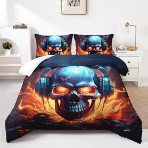 ailonen 3d skull comforter set full size, music headset skull skeleton bedding set,fire skull bed in a bag for boys teen,hip hop skull comforter with 2 pillowcases