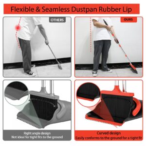 AISHUJIE Broom with Dustpan Combo Set - 52'' Long Handle Broom and Dustpan Set with Self-Cleaning Teeth & Standing Dust Pan and Broom for Home Office Kitchen Lobby Floor Use