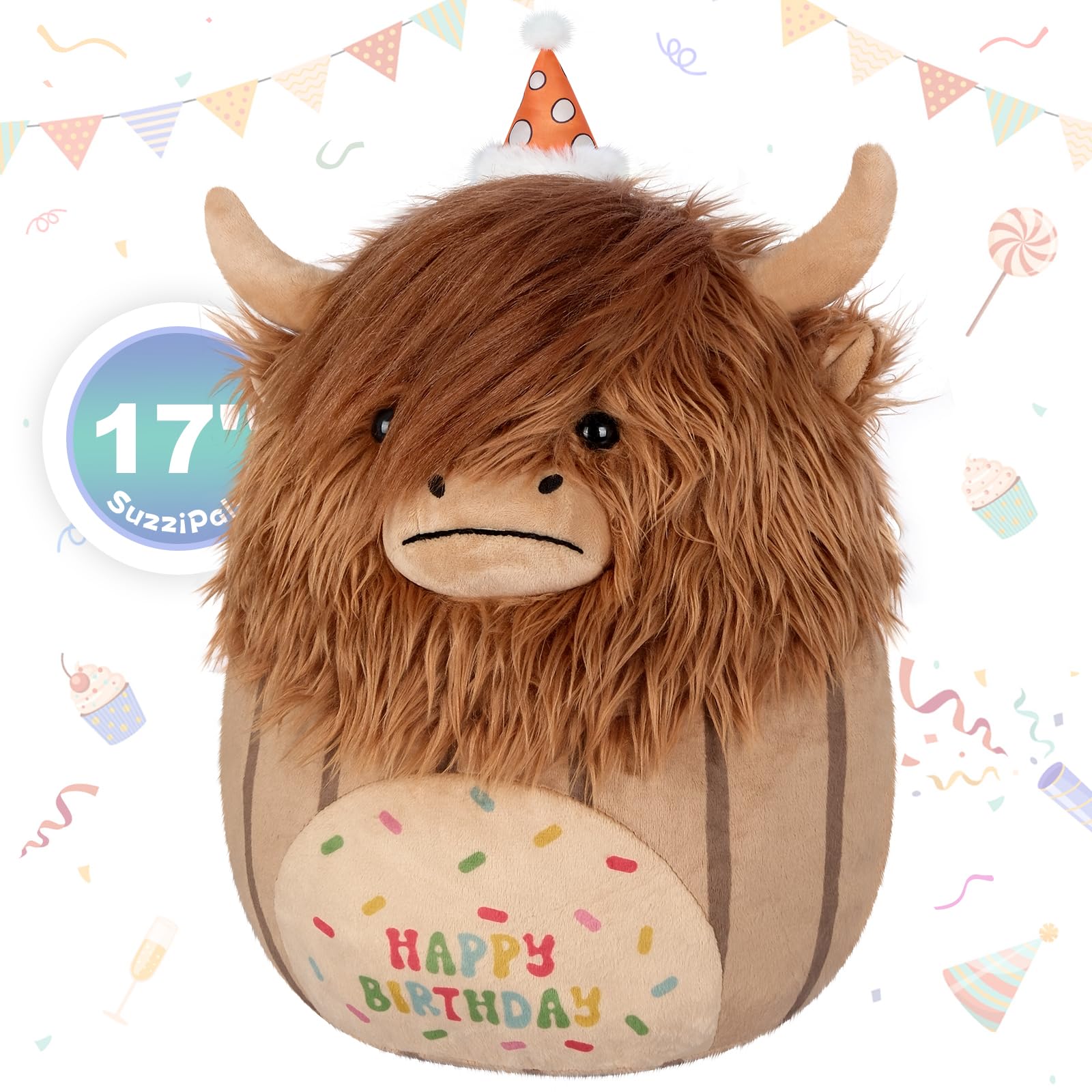 SuzziPals 17 inch Happy Birthday Highland Cow Stuffed Animal Plush Pillows, Soft Cow Pillow Cow Plushies Room Decor, Cows Plush Toys for Hugging & Squish, Highland Cow Gifts Cute Birthday Gifts