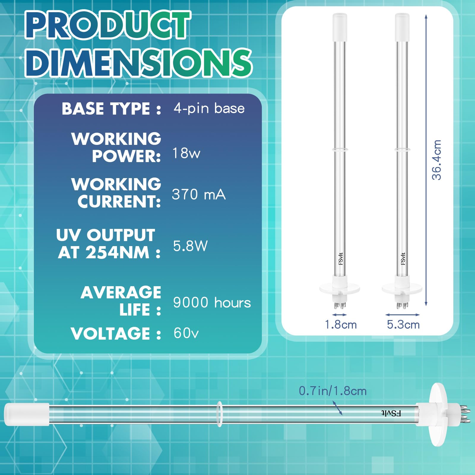 Qualirey 2 Pcs 14" UV Light Replacement Bulb 4 Pin Base UV Lamp 18W UV Light for AC 254NM UV Light 24V, 120V and 220V UV Light Bulb House UV Replacement Bulb for AC HVAC