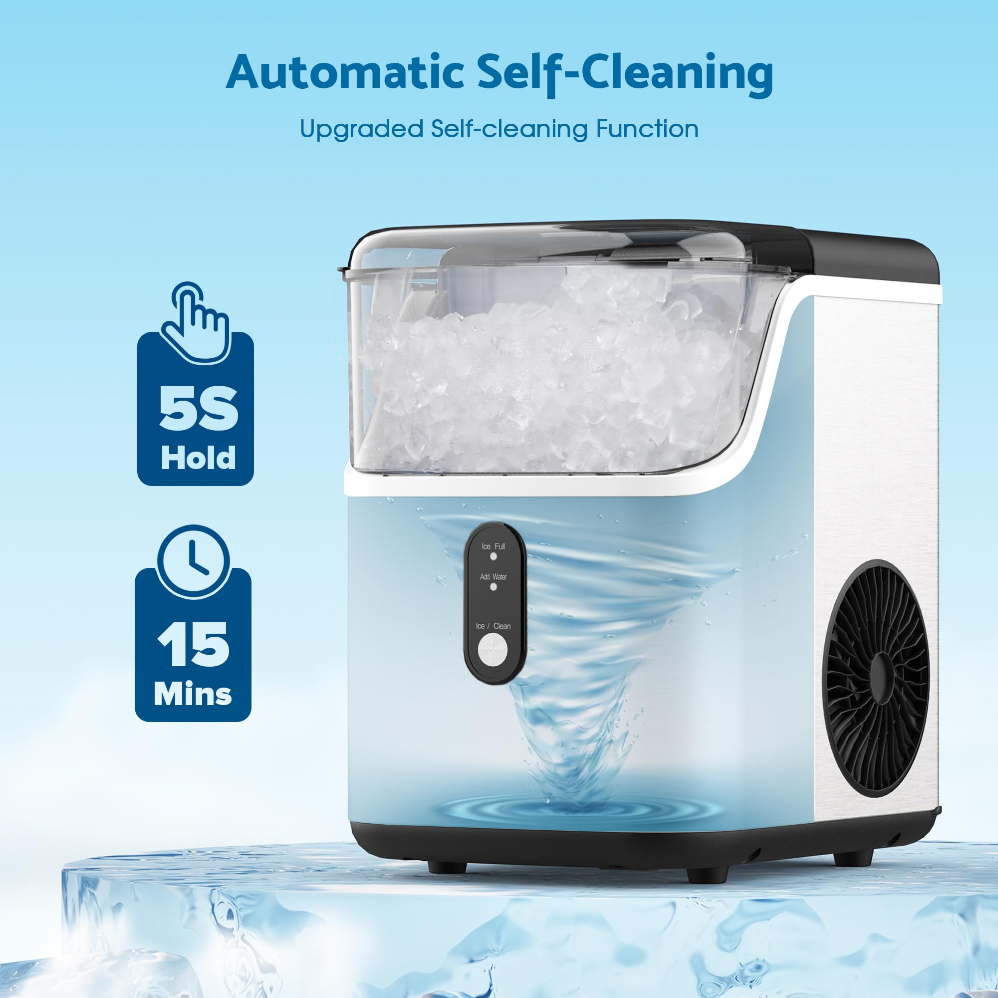 ADVWIN Nugget Countertop Ice Maker, 33Lbs/24H Pebble Ice Machine with Soft Chewable Ice, One-Click Operation, Self-Cleaning, Portable Sonic Ice Maker with Ice Scoop & Removable Basket, Silver