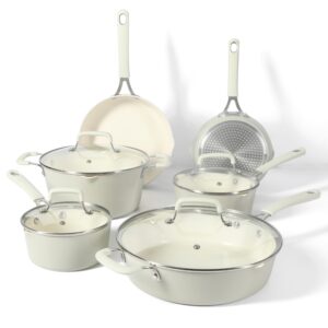 martha stewart heathland premium nonstick pfa free ceramic interior 10-piece tapered aluminum cookware set - linen white