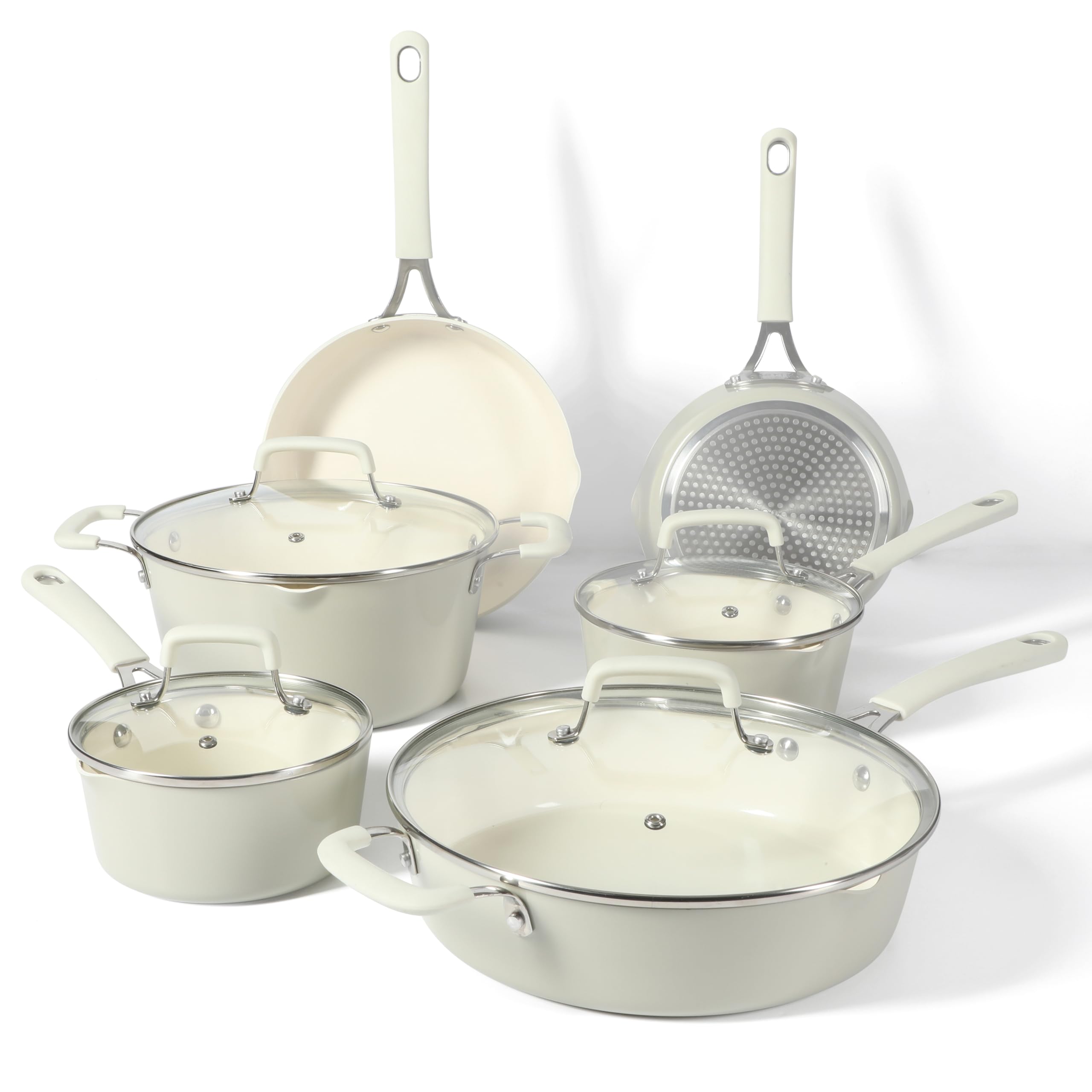 Martha Stewart Heathland Premium Nonstick PFA Free Ceramic Interior 10-Piece Tapered Aluminum Cookware Set - Linen White