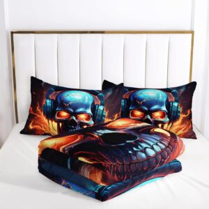 AILONEN 3D Skull Comforter Set Full Size, Music Headset Skull Skeleton Bedding Set,Fire Skull Bed in a Bag for Boys Teen,Hip Hop Skull Comforter with 2 Pillowcases