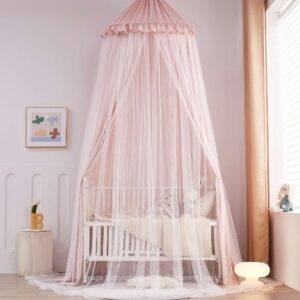 Hommi Lovvi Double Layers Bed Canopy with Star Lights, 3 Pieces Layers Canopy for Girls Bed, Princess Round Dome Dreamy Play Tent, Hanging Kids Reading Nook Mosquito Net, Machine Washable - Light Pink