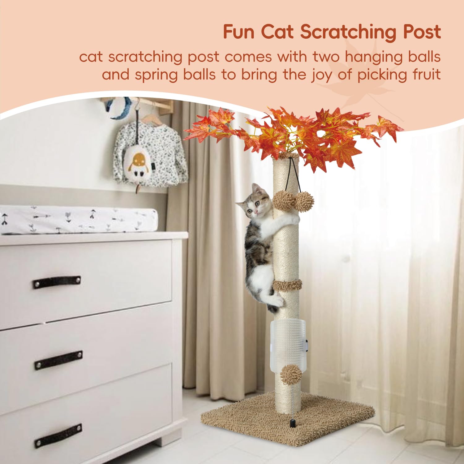 MECOOL Cat Scartching Post，30-inch Cute Scartching Posts for Indoor Cats and Kittens,Natural Sisal Rope and Hanging Ball Toy, Self-Grooming Brush,Beige