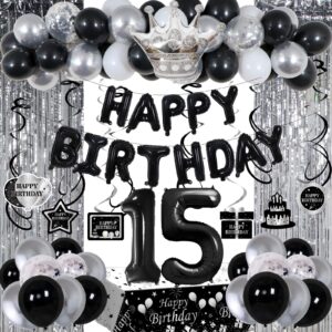 black and silver 15th birthday decorations for boys girls, black and white 15th birthday party decorations for boys girls, black silver happy birthday banner balloons fringe curtains table cloths