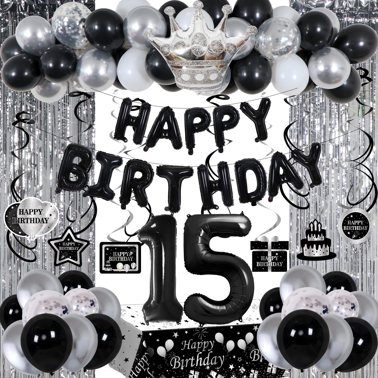 Black and Silver 15th Birthday Decorations for Boys Girls, Black and White 15th Birthday Party Decorations for Boys Girls, Black Silver Happy Birthday Banner Balloons Fringe Curtains Table Cloths