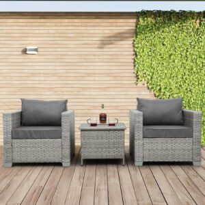 WAROOM Outdoor Sofa Wicker Patio Chairs Set of 2, Porch Single Chair Grey Rattan Deep Seating Armchair Balcony Furniture with Grey Cushion